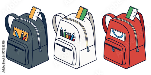 A realistic photo of three school backpacks standing upright side by side on a transparent or white background. One backpack is navy blue, the second is light gray, and the third is bright red. Each b