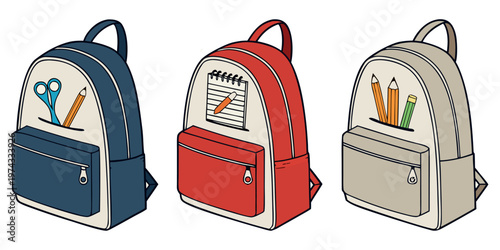 A realistic photo of three school backpacks standing upright side by side on a transparent or white background. One backpack is navy blue, the second is light gray, and the third is bright red. Each b