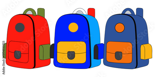 A realistic photo of three school backpacks standing upright side by side on a transparent or white background. One backpack is navy blue, the second is light gray, and the third is bright red. Each b