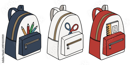 A realistic photo of three school backpacks standing upright side by side on a transparent or white background. One backpack is navy blue, the second is light gray, and the third is bright red. Each b