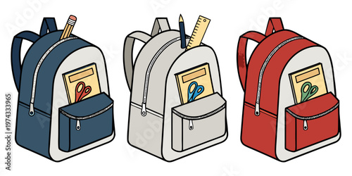 A realistic photo of three school backpacks standing upright side by side on a transparent or white background. One backpack is navy blue, the second is light gray, and the third is bright red. Each b