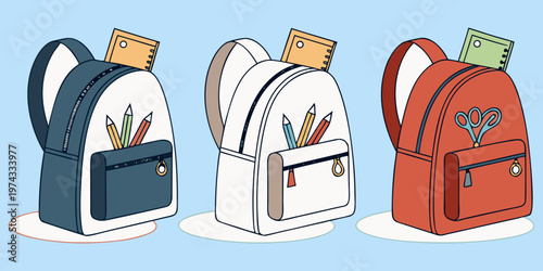 A realistic photo of three school backpacks standing upright side by side on a transparent or white background. One backpack is navy blue, the second is light gray, and the third is bright red. Each b