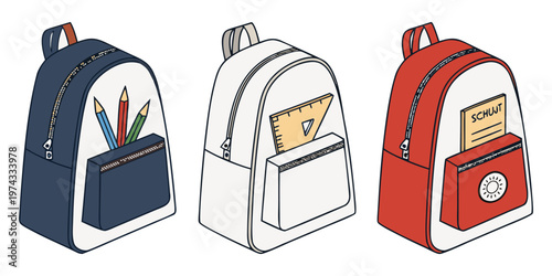 A realistic photo of three school backpacks standing upright side by side on a transparent or white background. One backpack is navy blue, the second is light gray, and the third is bright red. Each b