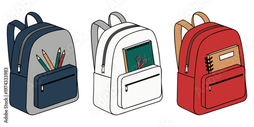 A realistic photo of three school backpacks standing upright side by side on a transparent or white background. One backpack is navy blue, the second is light gray, and the third is bright red. Each b