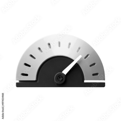 Minimal black and white halftone illustration of a speedometer gauge, abstract performance and acceleration concept isolated on white background.