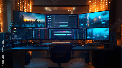 video editing desk with large monitors displaying cinematic footage timeline