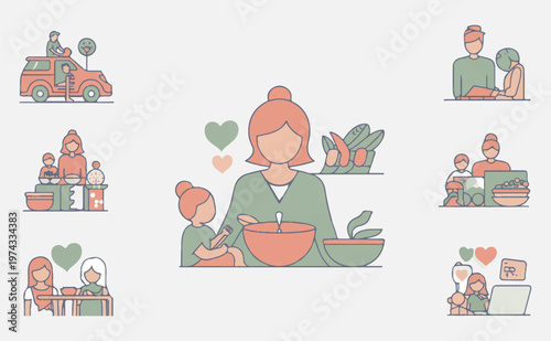  Woman cooking with kitchen utensils and ingredients isolated on transparent background