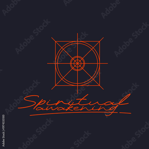 Illustration spiritual awakening logo design with sacred geometry compass and meditation symbol, minimalist orange linework illustration with mystical circle and squares for holistic wellness branding