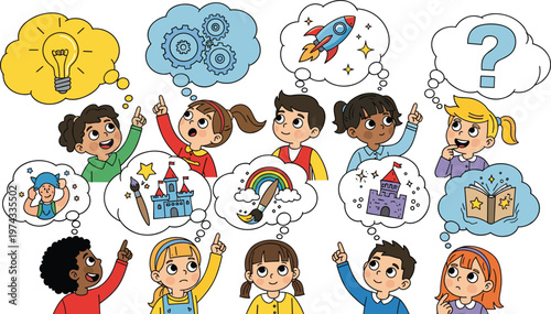 Children's Imagination and Ideas Vector Set Featuring Thought Bubbles with Light Bulb, Gears, Rocket, Castle, Rainbow, and Book Illustrations