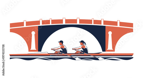 Couple Rowing Through Arch Bridge Waterway Recreational Activity