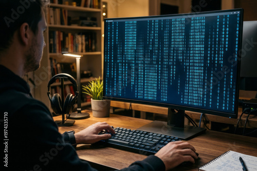 Computer Programmer Working with Binary Code on Monitor in Home Office at Night