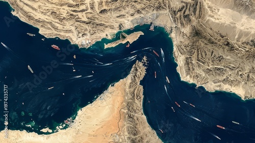 Satellite View of the Strait of Hormuz with Cargo Ships and Tankers Navigating the Strategic Waterway