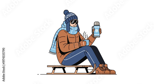 Cozy Winter Sled Ride With Hot Drink Enjoyment Illustration