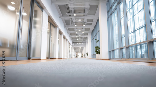 Empty modern corporate building corridor with frosted glass doors and large windows, creating a bright, minimalist interior