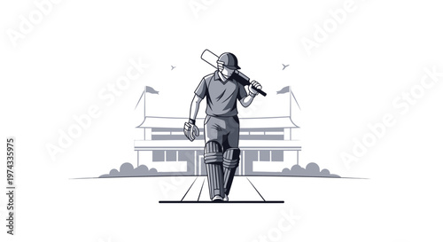 Cricket Player Walking To The Wicket Sporting Gear Bat And Pads Illustration