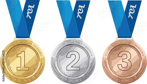 Set of three gold and blue numbered badges with metallic finish isolated on white background gold badge