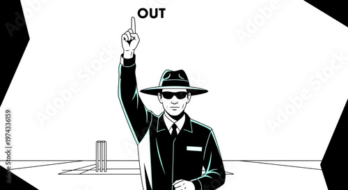 Cricket Umpire Signals Out With Finger Raised And Text Overlay