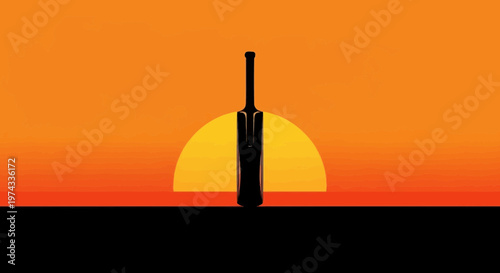 Cricket Bat Silhouette Against A Vibrant Sunset Horizon Iconic Sports Emblem