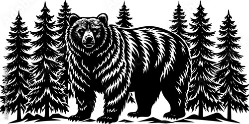 A realistic, high-resolution image of a large grizzly bear standing in a dense pine forest. The bear is alert and slightly roaring, with detailed fur texture, strong muscular build, and expressive eye