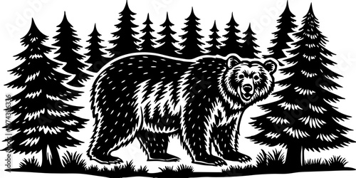 A realistic, high-resolution image of a large grizzly bear standing in a dense pine forest. The bear is alert and slightly roaring, with detailed fur texture, strong muscular build, and expressive eye