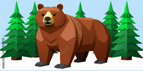 A realistic, high-resolution image of a large grizzly bear standing in a dense pine forest. The bear is alert and slightly roaring, with detailed fur texture, strong muscular build, and expressive eye