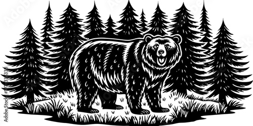 A realistic, high-resolution image of a large grizzly bear standing in a dense pine forest. The bear is alert and slightly roaring, with detailed fur texture, strong muscular build, and expressive eye