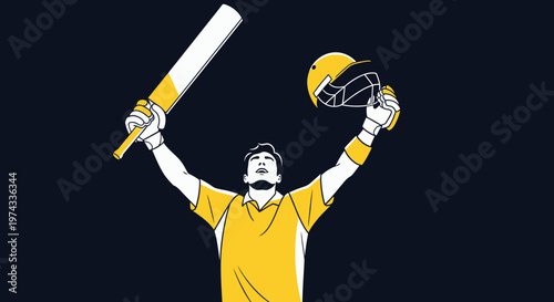 Cricket Champion Celebration With Bat And Helmet Raised High