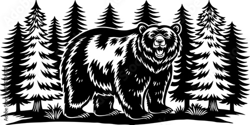 A realistic, high-resolution image of a large grizzly bear standing in a dense pine forest. The bear is alert and slightly roaring, with detailed fur texture, strong muscular build, and expressive eye