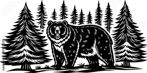 A realistic, high-resolution image of a large grizzly bear standing in a dense pine forest. The bear is alert and slightly roaring, with detailed fur texture, strong muscular build, and expressive eye