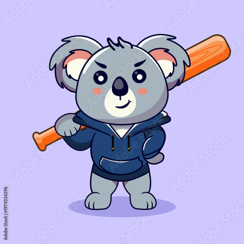 Cute Koala in Hoodie Style Character Holding Baseball Bat Vector Illustration Kawaii Animal