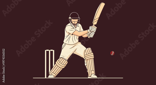 Cricket Player Batting In Action With Stumps and Ball