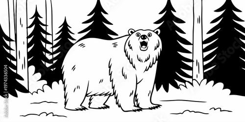 A realistic, high-resolution image of a large grizzly bear standing in a dense pine forest. The bear is alert and slightly roaring, with detailed fur texture, strong muscular build, and expressive eye