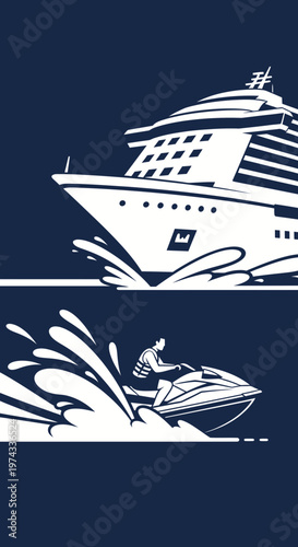 Cruise Ship And Jet Ski Water Sports Adventure Scene Vector Illustration