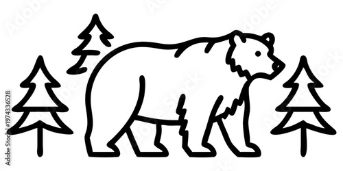 A realistic, high-resolution image of a large grizzly bear standing in a dense pine forest. The bear is alert and slightly roaring, with detailed fur texture, strong muscular build, and expressive eye