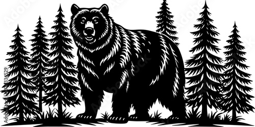 A realistic, high-resolution image of a large grizzly bear standing in a dense pine forest. The bear is alert and slightly roaring, with detailed fur texture, strong muscular build, and expressive eye