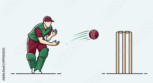 Cricket Player Catching Ball Near Wickets Illustration Dynamic Action Scene