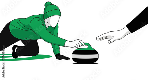 Curling Athlete Delivers Stone with Precision Targeting Opposing Hand