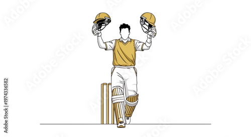 Cricket Player Celebrates Victory Holding Helmets High Above White Background