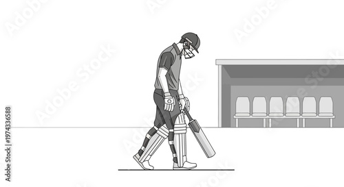 Cricket Player Departs Field Dejected After Match Loss Beside Empty Benches