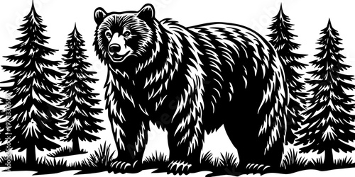 A realistic, high-resolution image of a large grizzly bear standing in a dense pine forest. The bear is alert and slightly roaring, with detailed fur texture, strong muscular build, and expressive eye