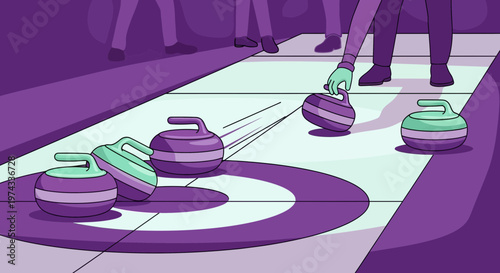 Curling Game Action With Stones And Players