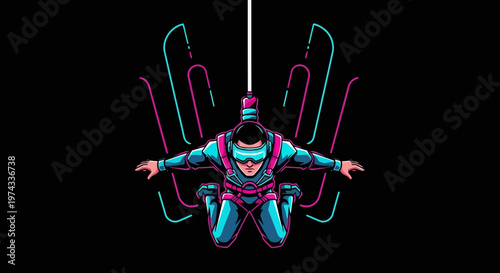 Cyberpunk Skydiver Freefalling Against Neon Abstract Background