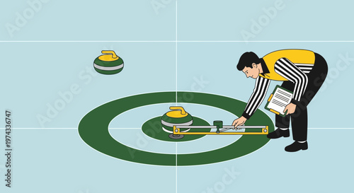 Curling Game Official Measures Stone Placement on Ice During Competition