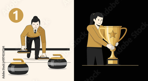 Curling Player Demonstrates Technique And Wins Championship Trophy