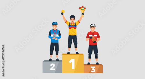 Cycling Champions Celebrate Victory On The Podium With Medals And Flowers