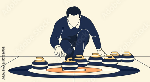 Curling Player Strategizes With Stones on Ice