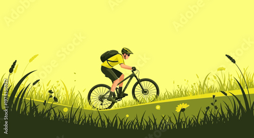 Cyclist Navigating A Grassy Hillside With A Bright Yellow Sky