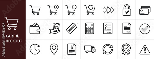 Cart and Checkout Line Icon Set - E-commerce and Online Shopping Vector Illustrations