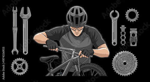Cyclist Maintaining Bicycle With Tools And Spare Parts On Black Background