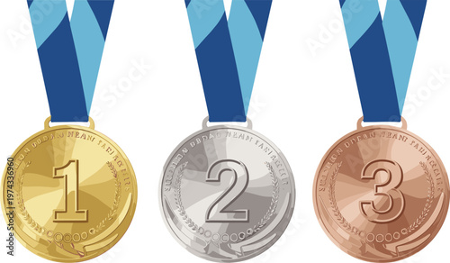 Three golden badges with blue ribbons numbered 1 2 3 on white background gold badges number 1 number 2